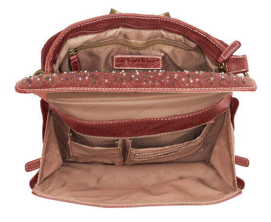Gun Tote'n Mamas Distressed Buffalo Leather Shoulder Clutch in Red features multiple pockets for organization